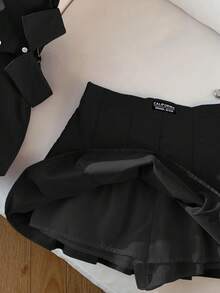 Comfortcana 2pcs Plus Size Set: Black Long Sleeve Blouse And Shorts Skirt With Included Shorts, Spring/Summer - Black - View 6