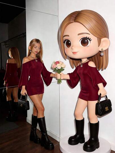 SHEIN Tall Women's Solid Color Long Sleeve Waist Cinched Fashionable Asymmetrical Shoulder Summer Dress