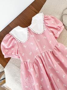 Genkimix Kids Young Girl Cute Ruffle Collar Bow Decor Casual Fashion Dress - Pink - View 4
