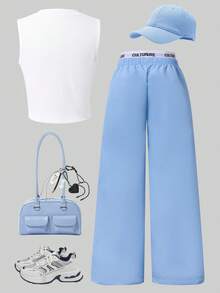 SHEIN ChillGRL 2 pièces/set Débardeur à cordon de serrage avec imprimé étoile pour adolescentes, assorti avec un pantalon cargo à poches blocs de couleurs à la taille. Style de rue décontracté, printemps/été - Bleu ciel - Voir 2
