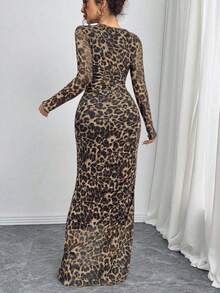Rafferiza Tall Elegante abito con stampa leopardata, orlo a coda di pesce, maniche lunghe, autunno, per donne alte - Marrone Cioccolato - Visualizzare 2