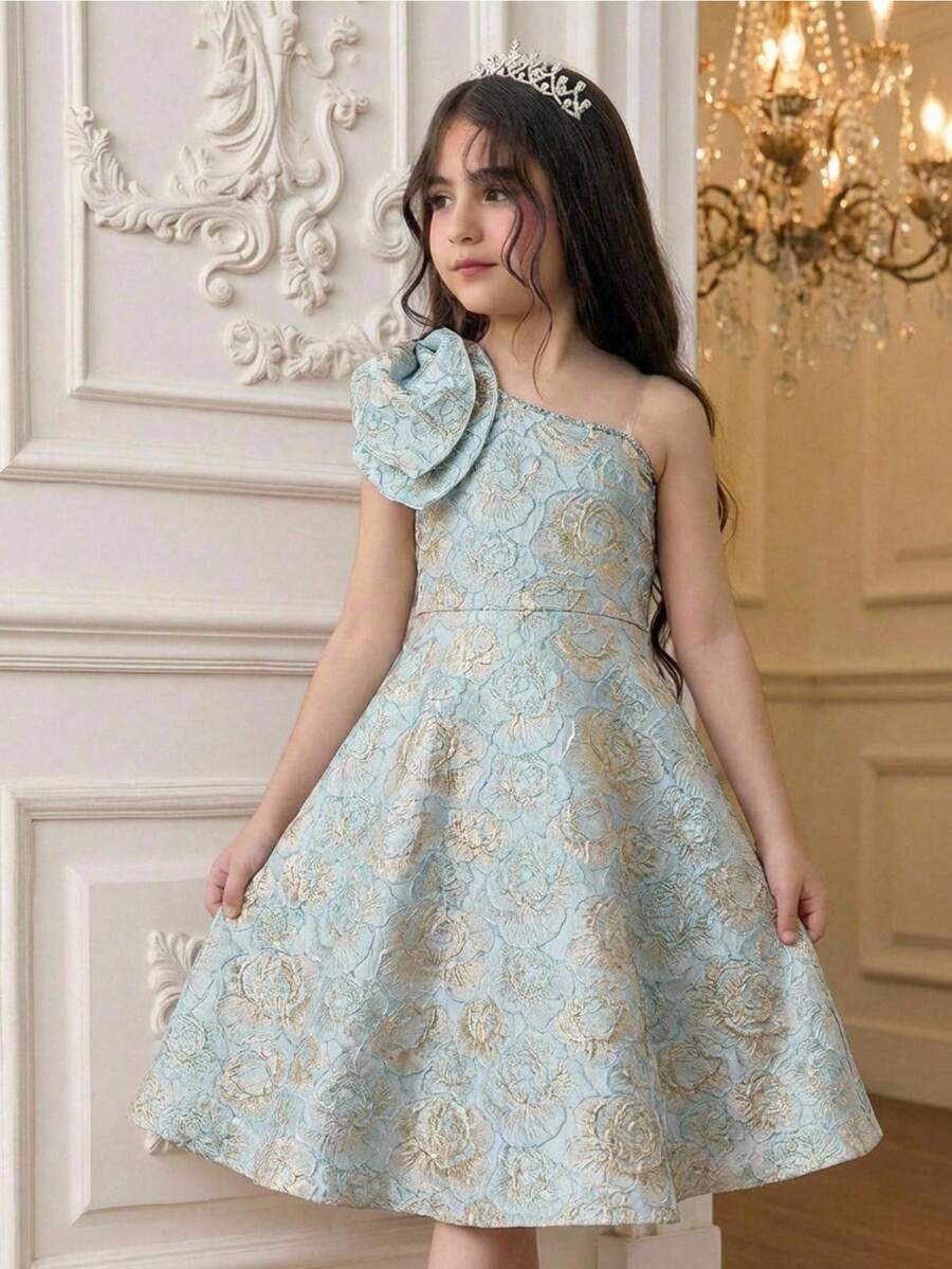 SHEIN Vestido de rodilla asimétrico con hombros y cintura ajustada, decorado con lazo, de tela brocada floral elegante, para niña preadolescente, apropiado para fiesta, regreso a clases, estilo femenino, estilo princesa, boda, cumpleaños - Azul - Ver 1