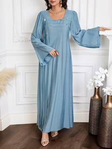 Yasmyna 女士纽扣设计褶皱喇叭袖阿拉伯传统长裙 - 藍色 - 查看 7