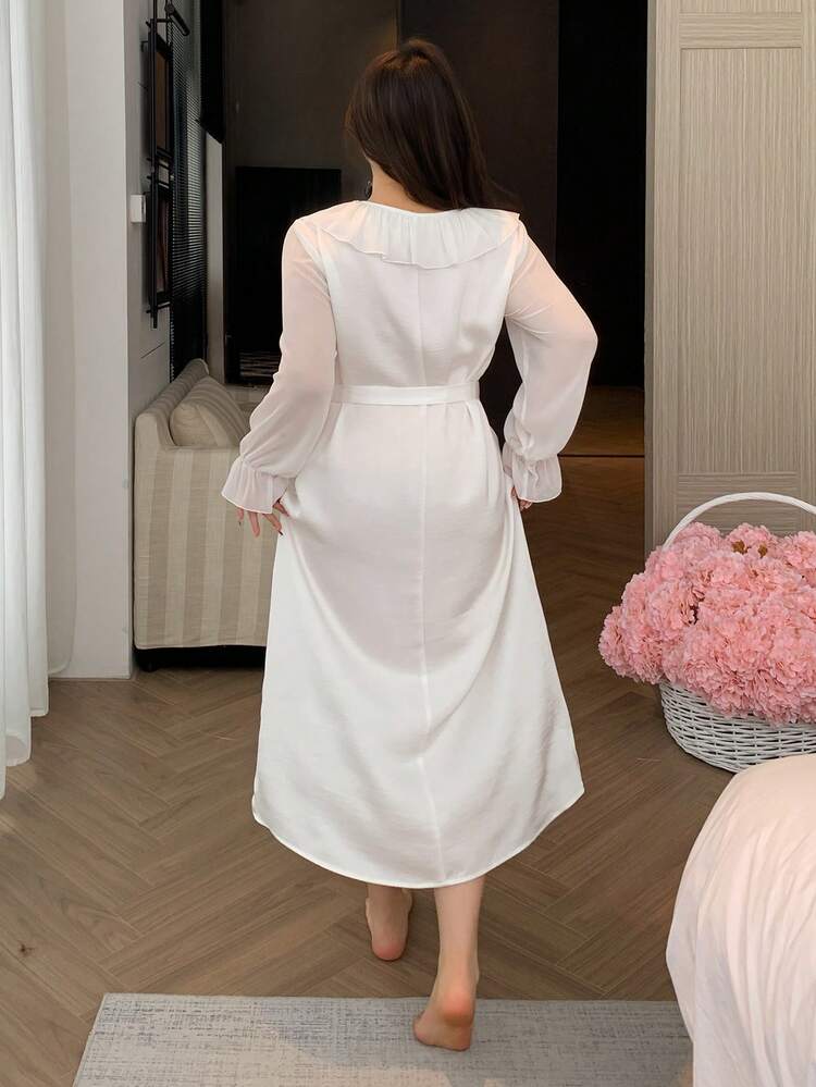 Dazy Plus Plus Size Elegant Solid Color Ruffle Trim Long Sleeve Nightgown