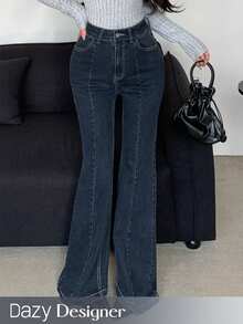 Dazy Tall Jeans de campana elegantes para mujer con lavado desgastado - Azul lavado oscuro - Ver 1