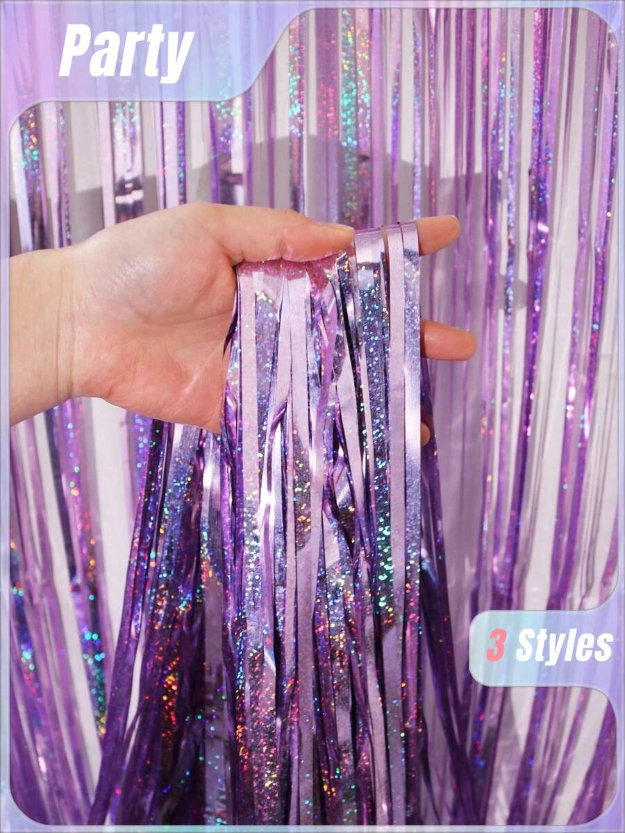 1Pc Laser Rain Curtain / 2pcs/3pcs (Blue Laser + Champagne Set) / 2pcs (Champagne Rain Curtain) Shiny Gold Birthday Party Decor Background, Housewarming, Anniversary, Wedding Decoration To Add Joyful Atmosphere - 淡紫色 - 查看 1