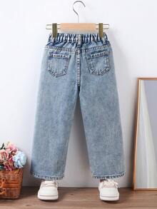 SHEIN Vintaside Kids 少女复古百搭休闲宽松舒适阔腿牛仔裤 - 深色水洗藍 - 查看 2