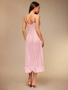 Silquee 2pcs Set: 3D Mesh Long Sleeve Asymmetrical Diamond Jacquard Robe + Fish Bone Line Waist Lace Patchwork Asymmetrical Jacquard Nightgown Valentine's Day Sexy Lace Galentines Adult Date Night  Spandex See Through Romantic Sexy Curve Pink Pure Temptation Spandex Lace Mesh Two-Piece Set Wedding Robe - Baby Pink - View 9