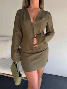 Jeta Ari 女士优雅性感办公室女士深 V 领长袖上衣、迷你裙、套装，适合职业女性装、商务装、秋冬分层穿着 - 軍綠色 - 查看 3