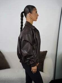 SAYEHFBABY Áo khoác da PU cổ bẻ cho nữ, áo khoác thường, phù hợp cho mùa thu đông, giản dị và đẹp trai - Màu nâu  Mocha - Xem 4