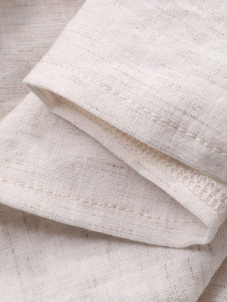 2pcs Women Minimalist Vintage Coin Embroidery Polo Collar Loose Linen Blouse Set