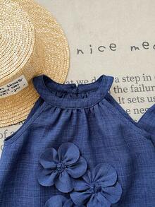 SHEIN LMoss Kids 2件套女婴梭织纯色无袖休闲上衣和打底裤套装 - 藍色 - 查看 3