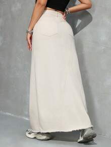 Jeanoix 女士高腰带口袋长款休闲/工作牛仔中长裙 - 杏色 - 查看 2