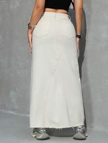 Jeanoix 女士休闲日常办公通勤简约纯色高腰超长牛仔裙 - 杏色 - 查看 2