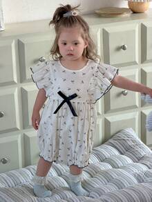 DAZY Infant/Toddler Girls' Round Neck Ruffle Trim All-Over Print Bow Jumpsuit, Korean Style - White - View 7