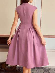 Vintamour 复古经典优雅女式连衣裙，春夏修身新款中式旗袍领连衣裙，纽扣连衣裙，粉紫色连衣裙 - 粉色 - 查看 2