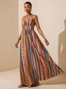 Vesra 女士V领吊带A字印花连衣裙 - 彩色 - 查看 3