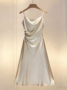 GlowEve Váy nữ dáng chữ A xếp ly không tay, eo nhún, thanh lịch, lãng mạn, tinh tế, vải taffeta - Màu be - Xem 4