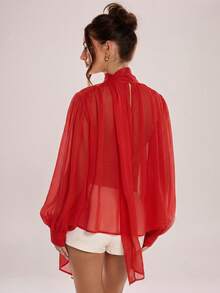 Avenya Áo sơ mi dài cổ đứng xếp ly quá khổ bằng vải chiffon kiểu cổ điển, thắt nơ. - Đỏ - Xem 4