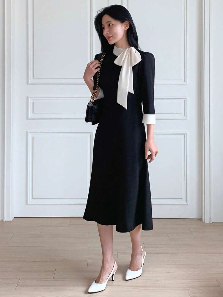 Women's Tie Neck Waist Cinched Black & White Contrast Midi Dress Sundress