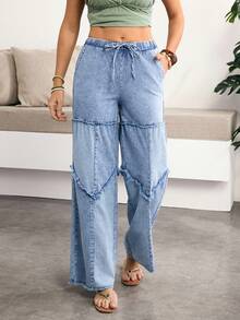 Breezaya Quần jeans nữ ống rộng, cạp chun, có túi, gấu quần rách, kiểu dáng thường ngày, đa năng, thích hợp mặc hàng ngày, quần tây nữ, quần hè nữ, quần công sở, quần ống rộng denim. - Màu xanh lam - Xem 5