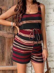 SHEIN 孕妇U领无袖条纹休闲舒适透气连体裤 - 彩色 - 查看 4