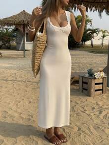 DAZY Đầm midi ôm dáng phối ren trắng cho nữ. - trắng - Xem 5