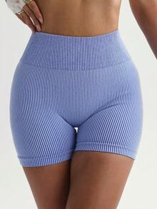 Women's High Waist Seamless Knit Compression Shorts - Blue - View 6