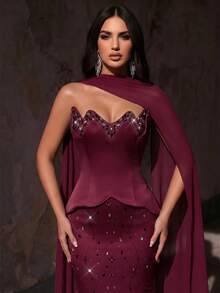 Glamrae Elegant, Luxurious, Colorful Rhinestone Embellished Strapless Mermaid Dress, Suitable For Weddings, Parties, Vacations, Galas, Formal Events (Heavy Embellishment) - Burgundy - View 5