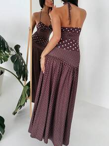 Aloruh 女士复古波点露背系带长连衣裙，裙摆呈喇叭形 - 棕色 - 查看 2