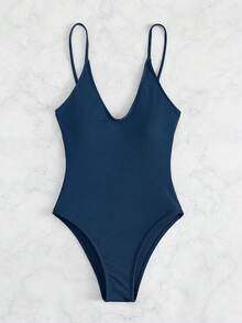 SHEIN Swim Áo tắm liền thân nữ màu trơn, chất liệu gân, kiểu dáng thường ngày, thích hợp cho kỳ nghỉ. - Màu xanh ngọc - Xem 4