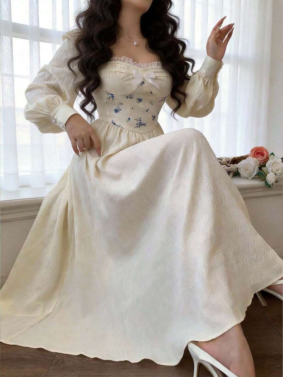 Feyla 女士花卉印花心形领口蕾丝拼接优雅长袖中长连衣裙 - 杏色 - 查看 1