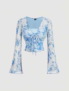 SHEIN MOD 两件套女士优雅印花喇叭袖上衣和鱼尾裙套装 - 藍色 - 查看 5