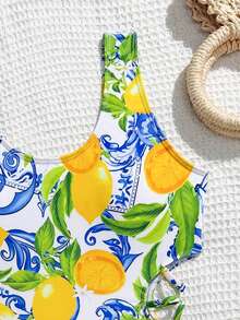 Tween Girls Lemon Print Hollow-Out One-Piece Swimsuit - Yellow - View 4