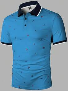 Manfinity Mode 男士休闲度假商务日常通勤撞色包边热带航海印花短袖Polo衫，夏季蓝色男士学院风图案Polo衫，男士高尔夫Polo衫，趣味印花绿松石色男士服装，浅蓝色男士衬衫，男士复古图案Polo衫，日常休闲、周末旅行、户外活动、探险旅行、轻松的工作环境或半正式场合，男友/丈夫礼物，周年纪念/生日礼物，派对夏季假期，沙滩装夏威夷婚礼，春夏皆宜 - 藍色 - 查看 5