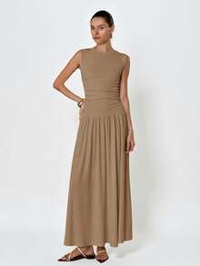 Aveloria Modichic Vestido blanco minimalista y sofisticado con cuello redondo y sin mangas con pliegues - Café integral - Ver 4