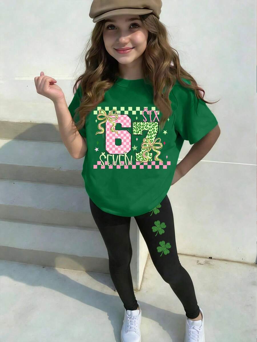 Girls' Soft Summer Colour Palette Casual School Outfit,Numeric 67 Plaid Green Leopard Bow Clover Print T-Shirt & Pants 2-Piece Set For Summer,Autumn - Multicolor - View 1