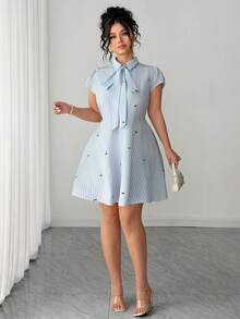 Elenzga Women's Casual Short Sleeve Collared Striped Button Shirt Dress With Flared Skirt - Multicolor - View 5