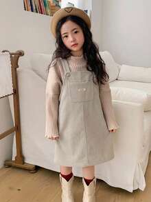 DAZY Robe décontracté à bretelles avec design de poche à lettres pour jeune fille - Beige - Voir 4