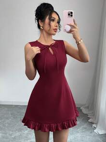 Elenzga New Arrival Women's Round Neck Bow Tie Design Open Slit Sleeveless Fitted Hem Contrast Color Pleated Elegant Versatile Commute Date Party Mini Dress - Burgundy - View 4