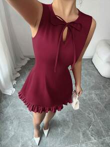 Elenzga New Arrival Women's Round Neck Bow Tie Design Open Slit Sleeveless Fitted Hem Contrast Color Pleated Elegant Versatile Commute Date Party Mini Dress - Burgundy - View 5