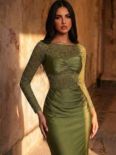 Elitara Elegant Luxurious Stretchy Lace Patchwork Knit Dress, Ruched Sexy Open Back Bodycon Mermaid Dress, Suitable For Wedding, Party, Vacation, Gala, Evening Dress, Valentine's Day