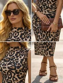 Editum Red Abstract Print Sleeveless Bodycon Midi Dress, Suitable For Summer - Multicolor - View 2