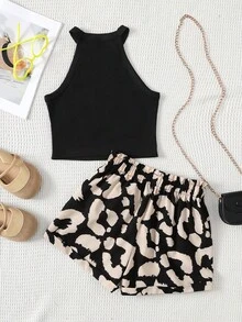 两件套少女休闲露背无袖上衣和豹纹长裤套装，舒适简约 - 黑色 - 查看 2