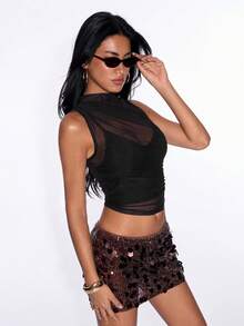 Sweetina Women's Sexy Sheer Mesh Cropped Tank Top, Summer - Black - View 5