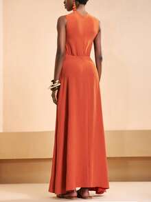 Zivah New Spring/Summer New Arrival, Suitable For Birthday Parties, Graduation Season, Everyday Outings, Versatile Casual Vacations, Cruise Travel, Beach Sunbathing, Online Bestseller, Christmas, Casual And Elegant, Linen-Feel Crinkled Halter Neck Women's Jumpsuit Elegant Dress - Brown - View 2