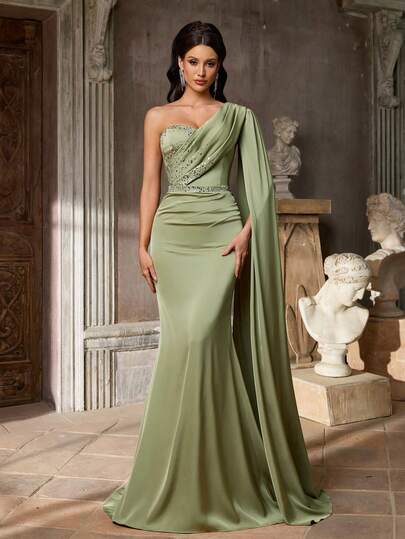 Aureia Elegant, Romantic, Fashionable, Dignified Green Satin Pleated Decor Flare Sleeve Fishtail Hem Pearl Decor Elegant Party Dress, Wedding Guest Dress, Pink Dress, Fashionable Elegant Wedding Guest Formal Gown, Formal Evening Dress