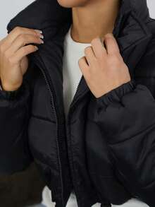 SAYEHFBABY Sexy Zip Up Drawstring Crop Padded Coat In Fall/Winter - Black - View 3