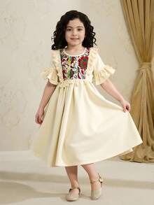 Young Girls' Vacation Style Woven Apricot Round Neck Patchwork Pattern Flare Sleeve Midi A-Line Dress - Apricot - View 4