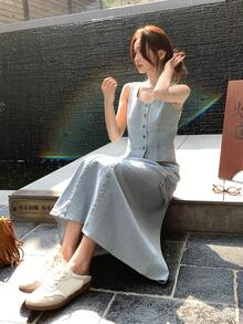 DAZY Women's Washed Korean Style Distressed Casual Fresh Denim Set, Summer - Blue - View 7